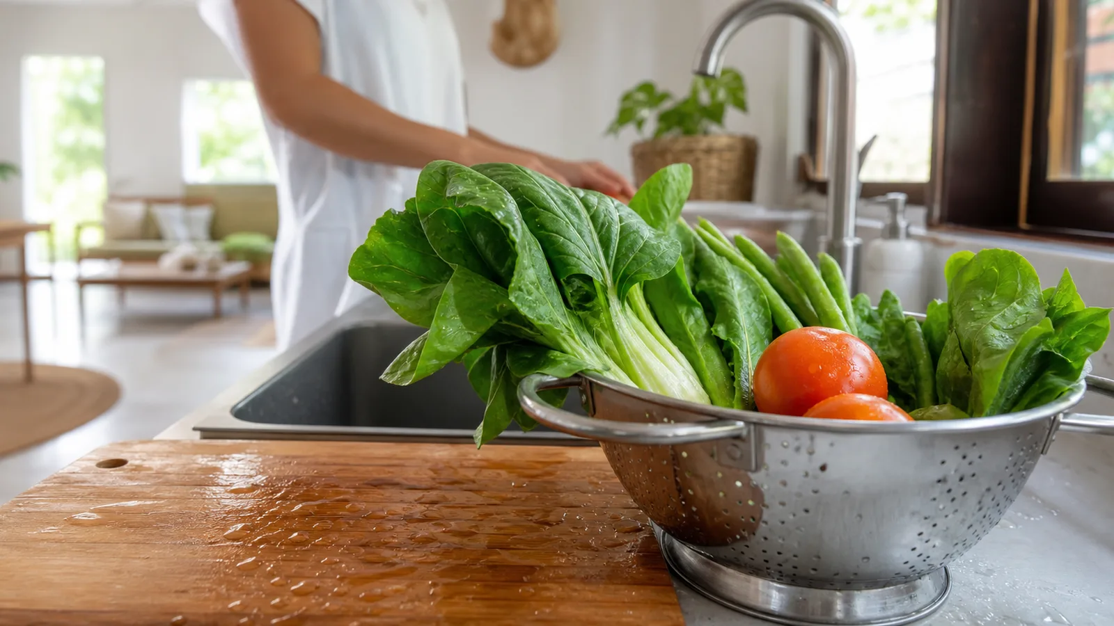 Fresh vegetables being rinsed in a metal colander beside a kitchen sink with a wooden chopping board