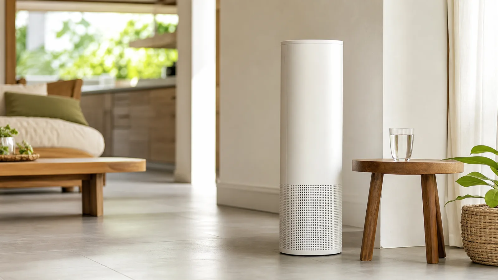 A plain white tower air purifier on the floor beside a small table holding a glass of water