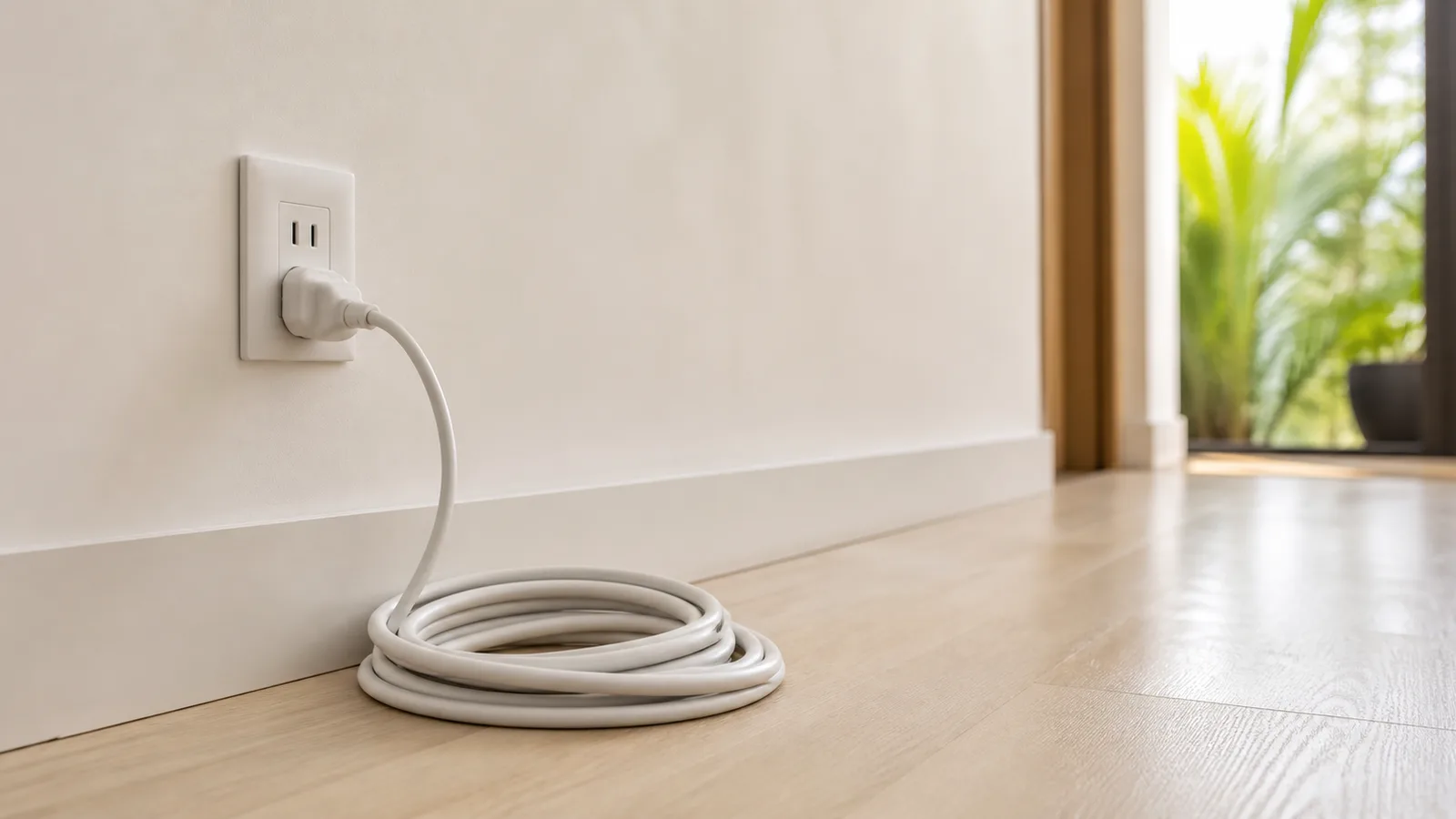 A plain wall socket near a skirting board with a single plug and a neatly coiled white cable