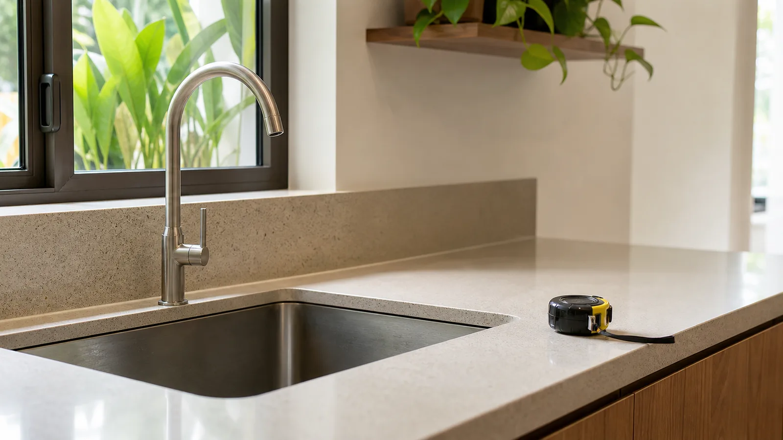 A kitchen sink area seen from standing height with a tape measure lying on the empty counter