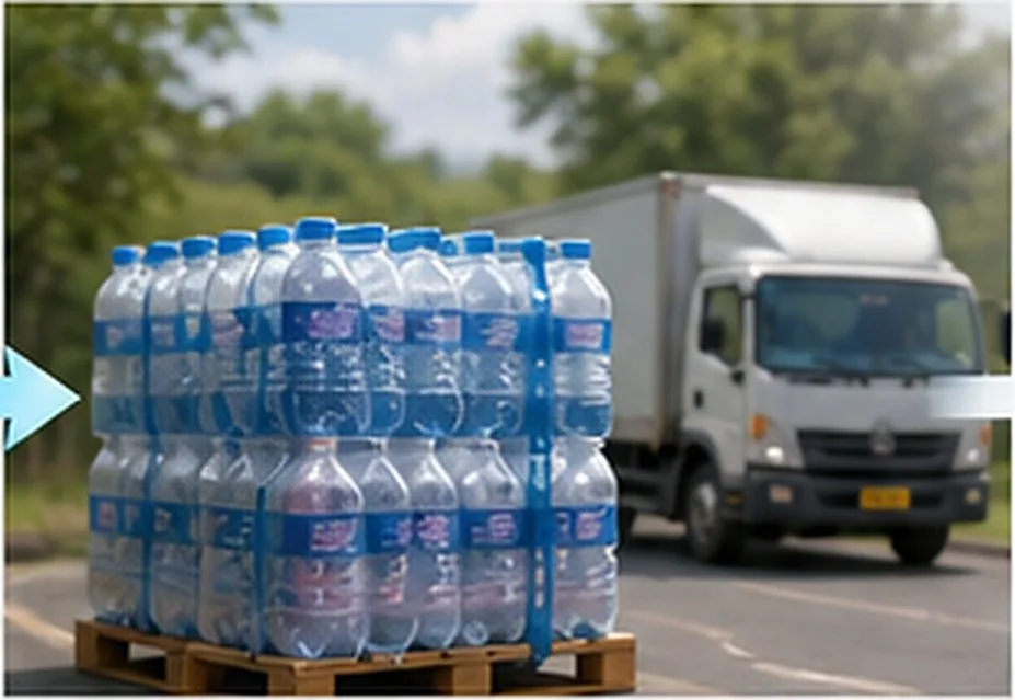 Stacked plastic water containers waiting for delivery