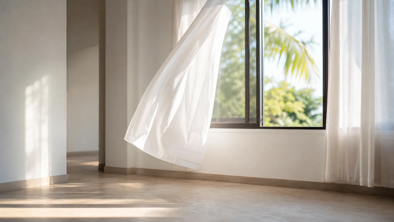 An open window with a sheer curtain lifting in a breeze in a quiet empty room