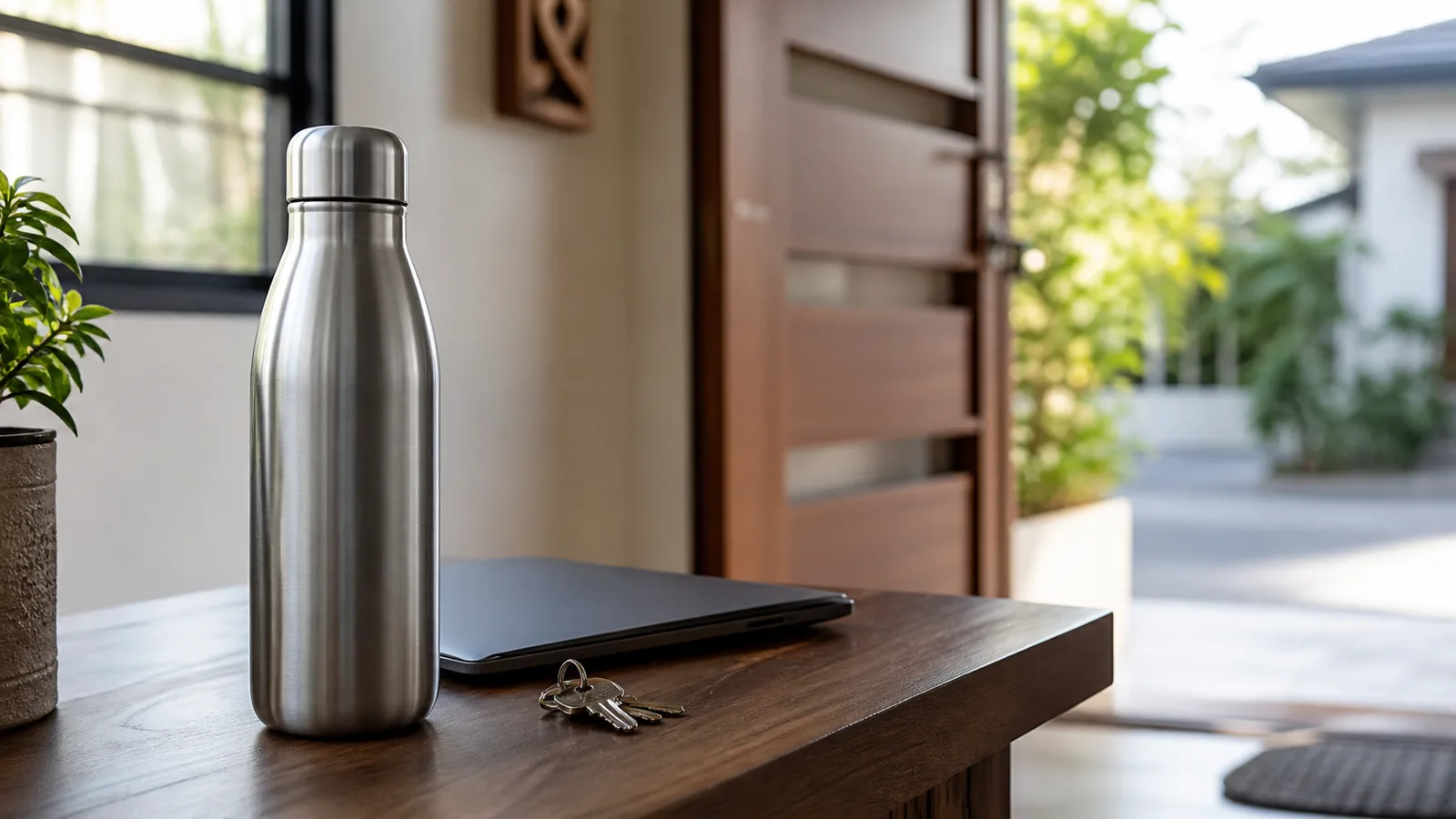 A stainless water bottle beside house keys and a closed laptop on a small table by a front door