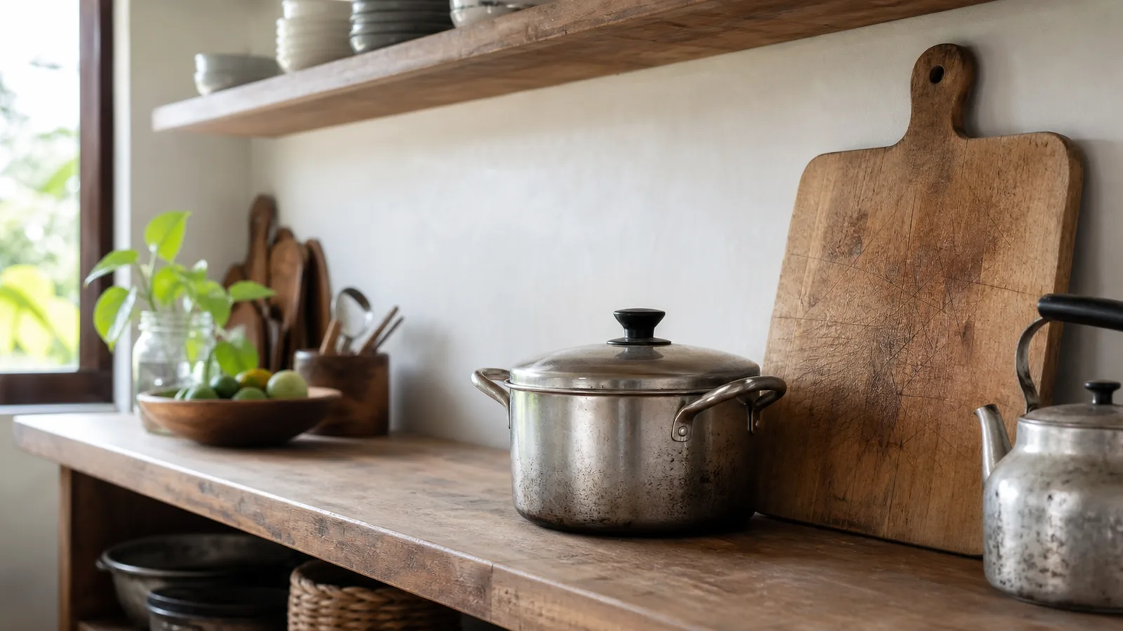A well-used wooden chopping board, a worn stainless pot and an old kettle on an open kitchen shelf