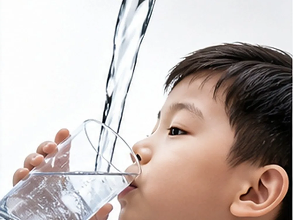 A child drinking a glass of water as more water is poured into the glass