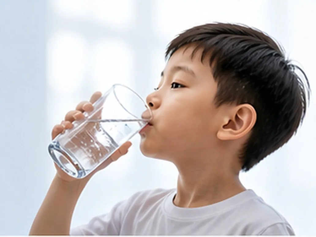 A child drinking a glass of water at home