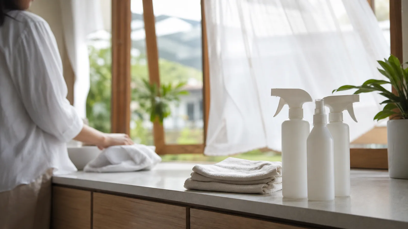 Plain spray bottles and a folded cloth on a kitchen counter beside an open window
