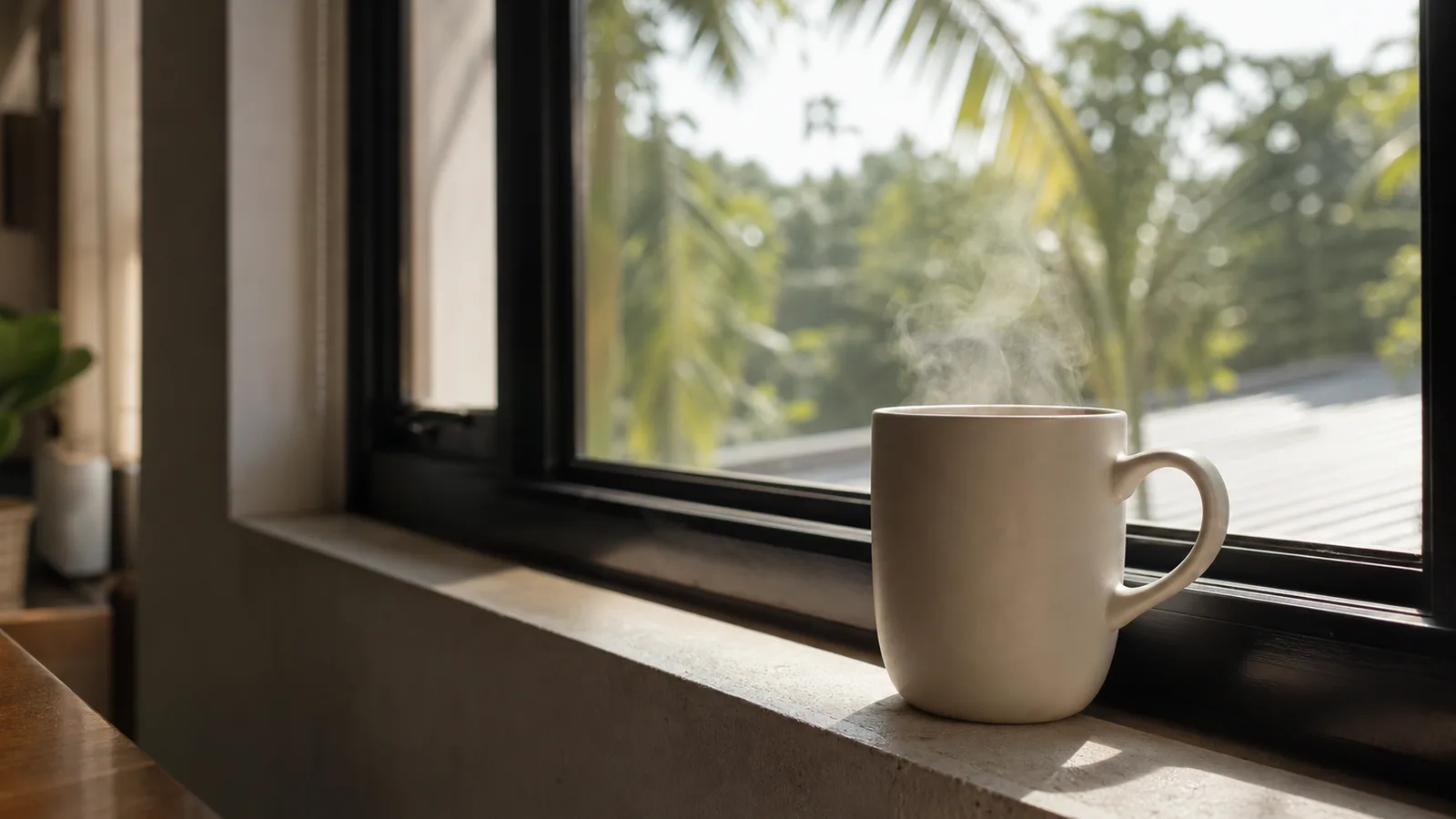 A single plain ceramic mug with steam rising, resting on a windowsill in early morning light