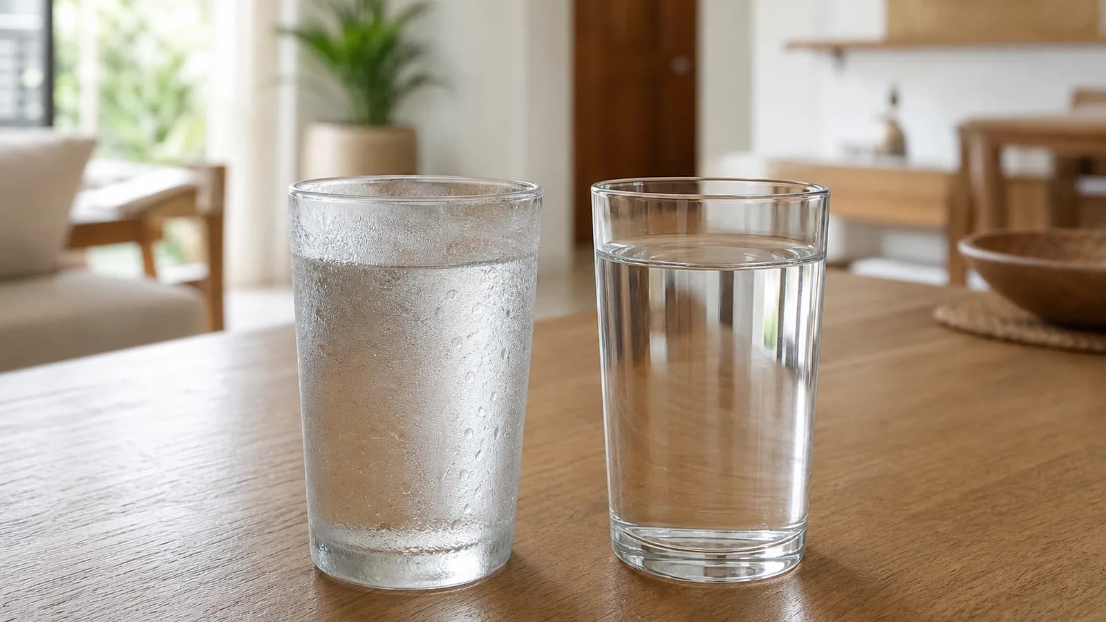 Two plain glasses of water side by side on a wooden table, one beaded with condensation