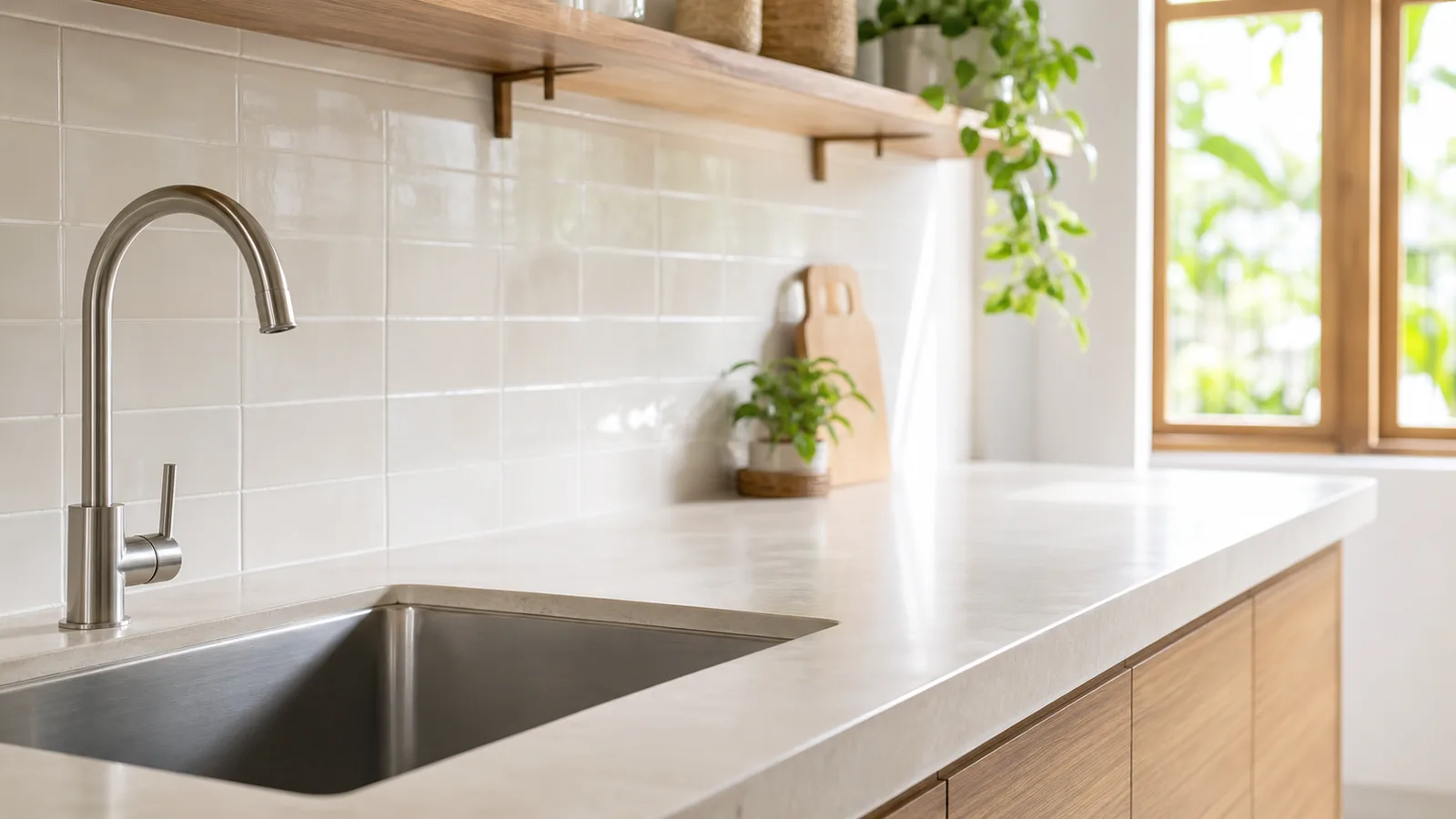 A bright modern kitchen counter with a sink and a wide stretch of clear counter space beside it