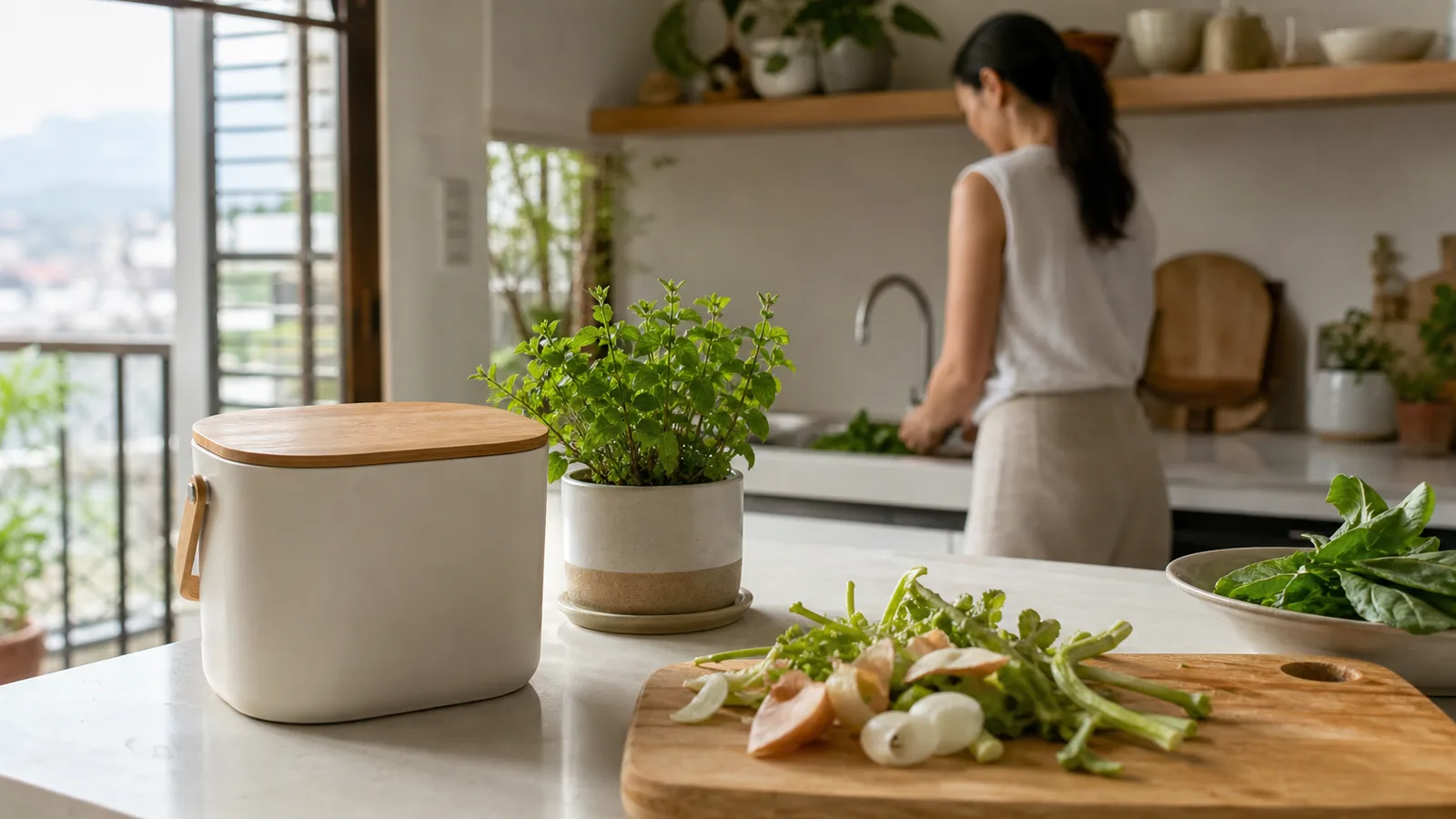A small counter compost bin with a wooden lid beside vegetable trimmings and a potted herb