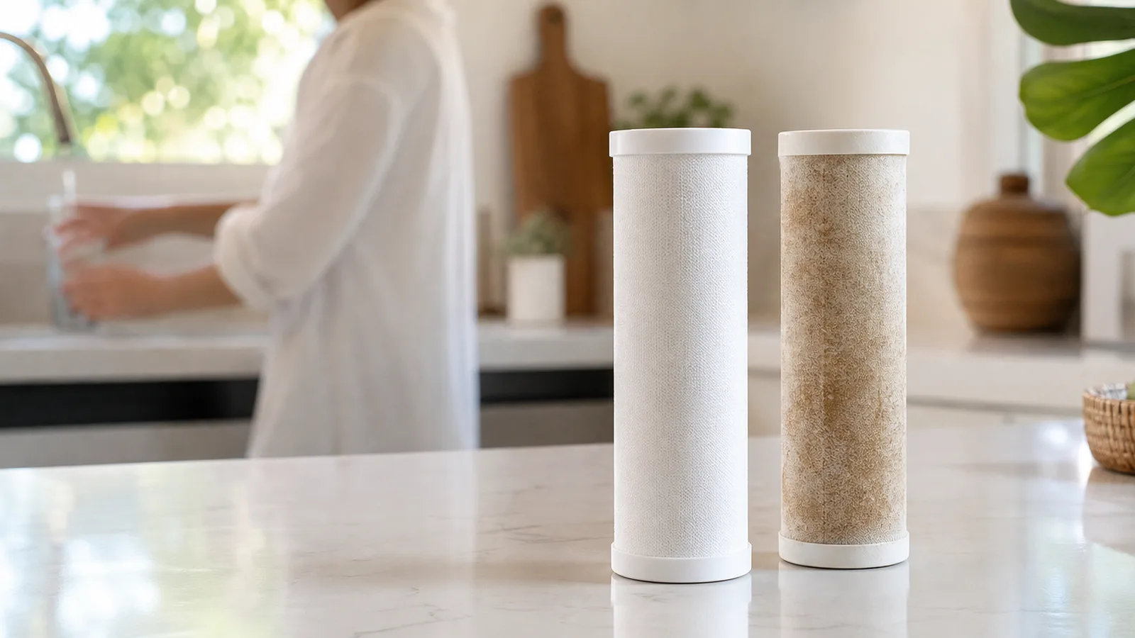 Two plain white filter cartridges side by side on a kitchen counter, one new and one discoloured from use
