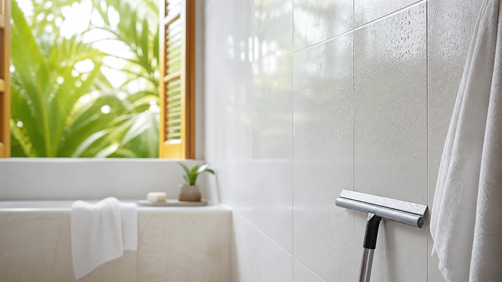 A bright bathroom with the window open, a squeegee against the tiled wall and a towel hung to dry