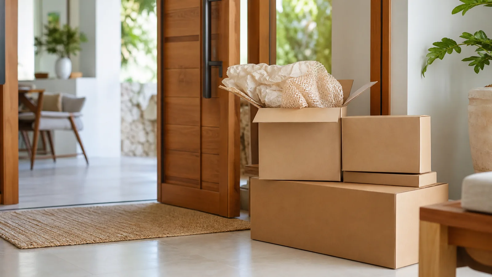 A stack of plain cardboard delivery boxes beside a front door with packing material spilling from the top one
