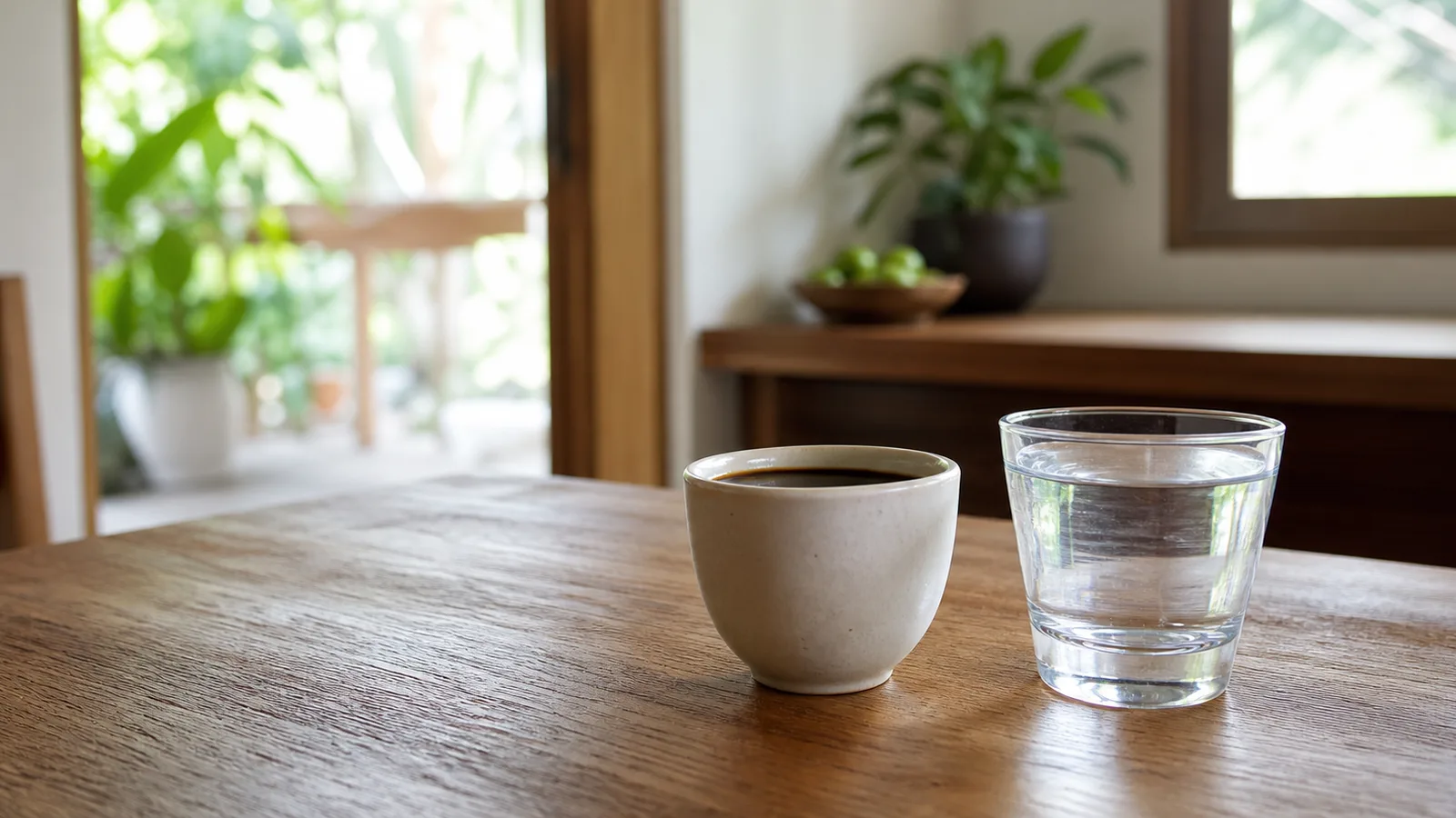 A cup of black coffee beside a plain glass of water on a wooden table in morning light