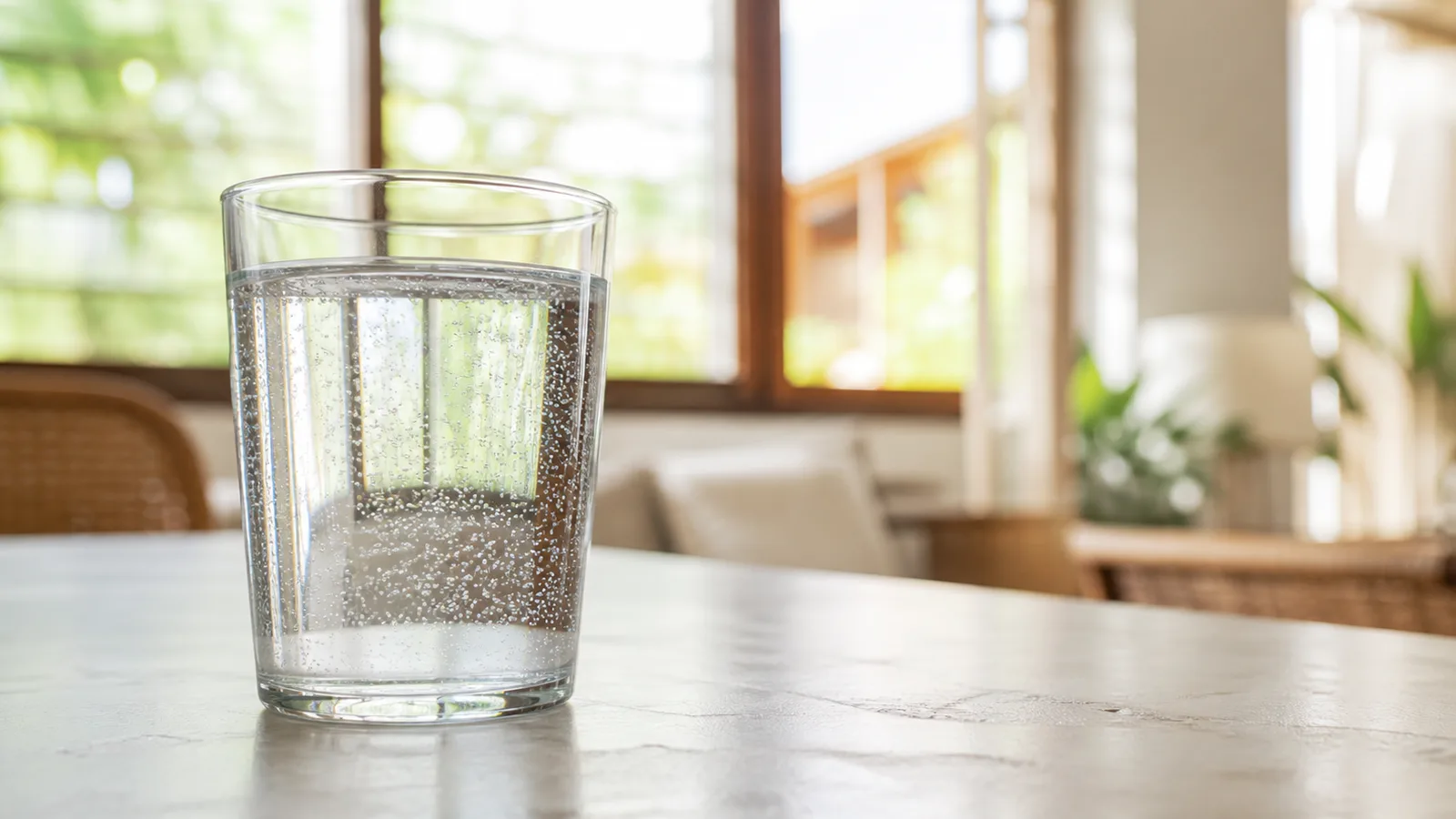 A clear glass of water backlit by a window with very fine bubbles clinging to the inside