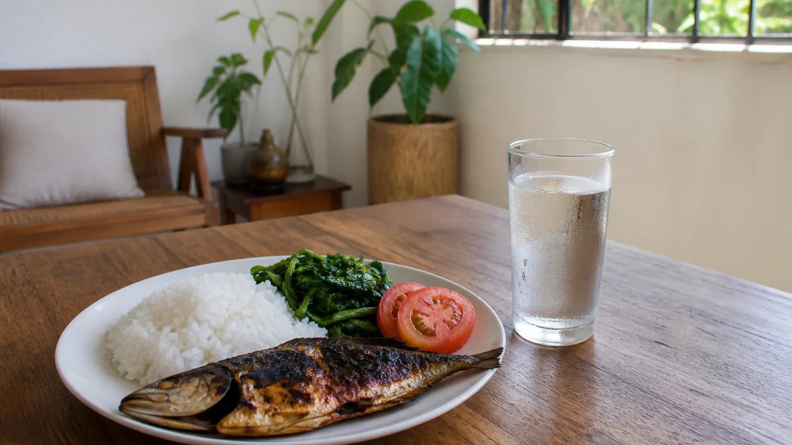 A home meal of rice, grilled fish, sauteed greens and sliced tomato with a glass of water