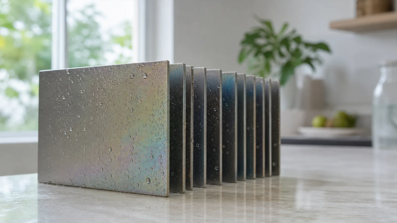 A row of thin metal electrode plates standing on a kitchen counter, water droplets on their iridescent surfaces