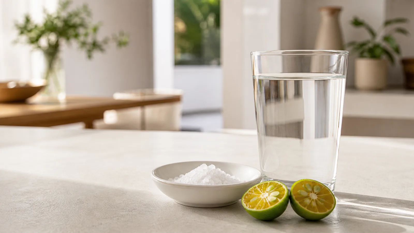 A glass of water on a counter beside a small dish of coarse salt and halved calamansi