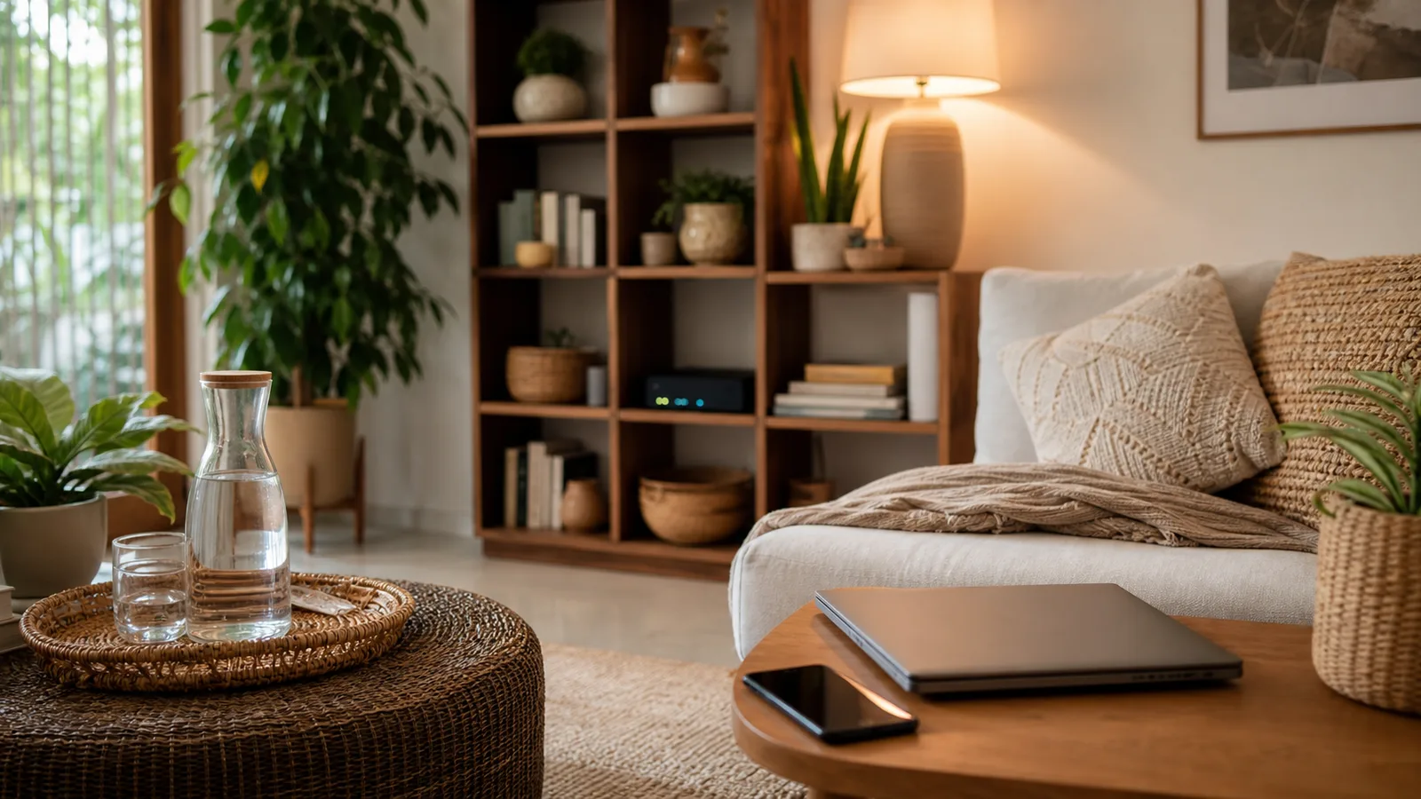 A calm evening living room with a wifi router on a bookshelf and a closed laptop on a side table