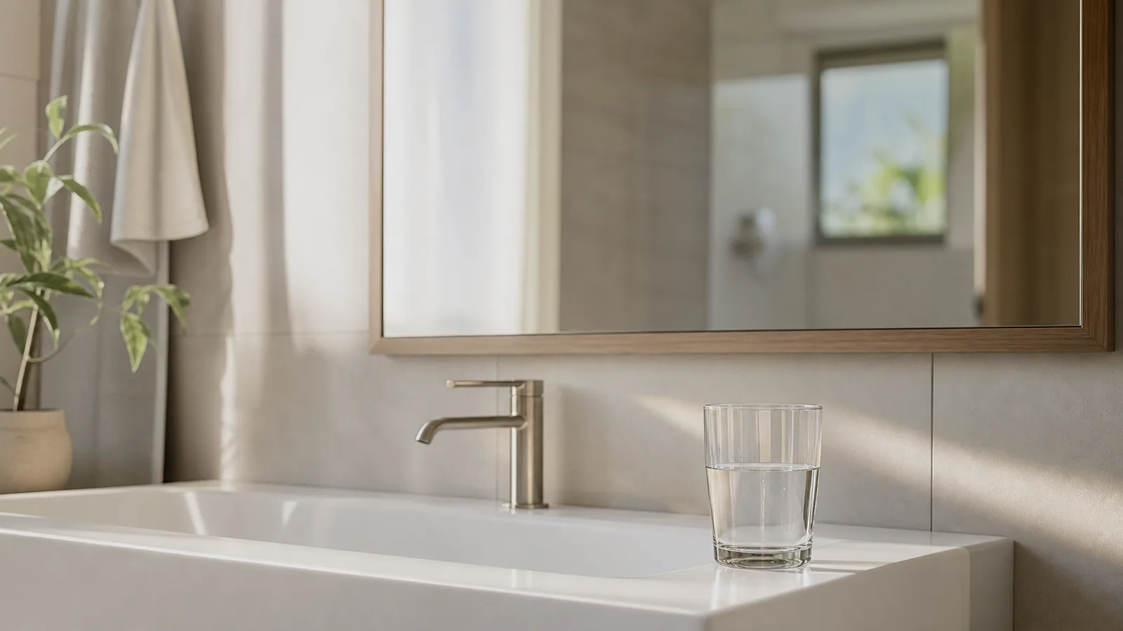 A plain bathroom sink and mirror in soft morning light with a drinking glass on the edge of the basin