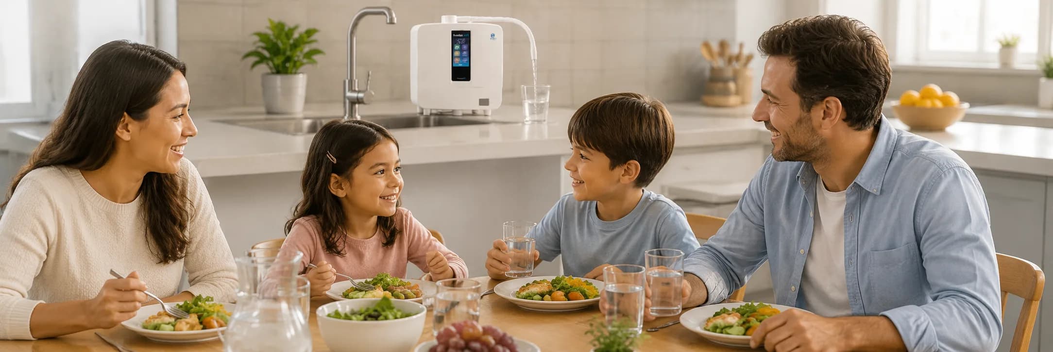 A family eating a meal together at a kitchen table with glasses of water