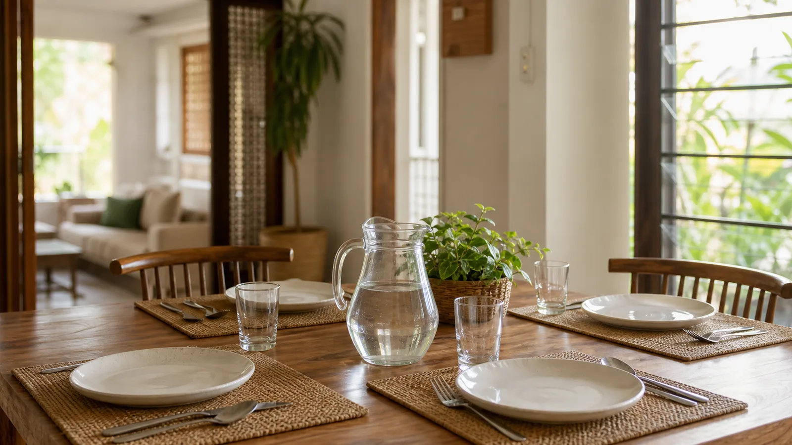 A family dining table set for four with simple plates, a glass jug of water and tumblers