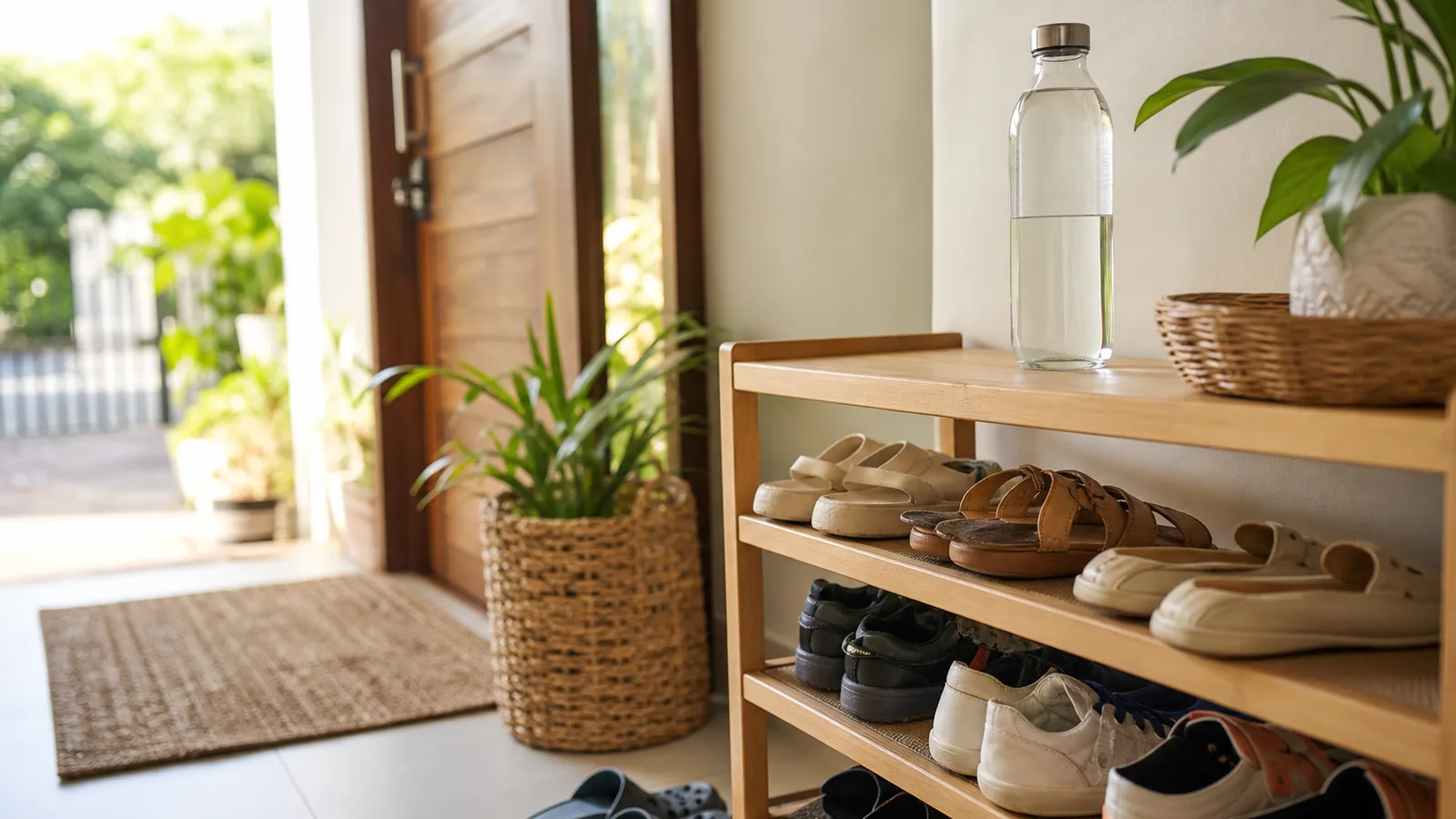 A family shoe rack by a front door with shoes of several sizes and a water bottle on the shelf above