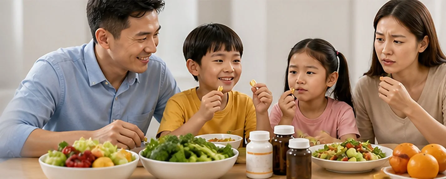 A family sharing a meal at a dining table in daylight