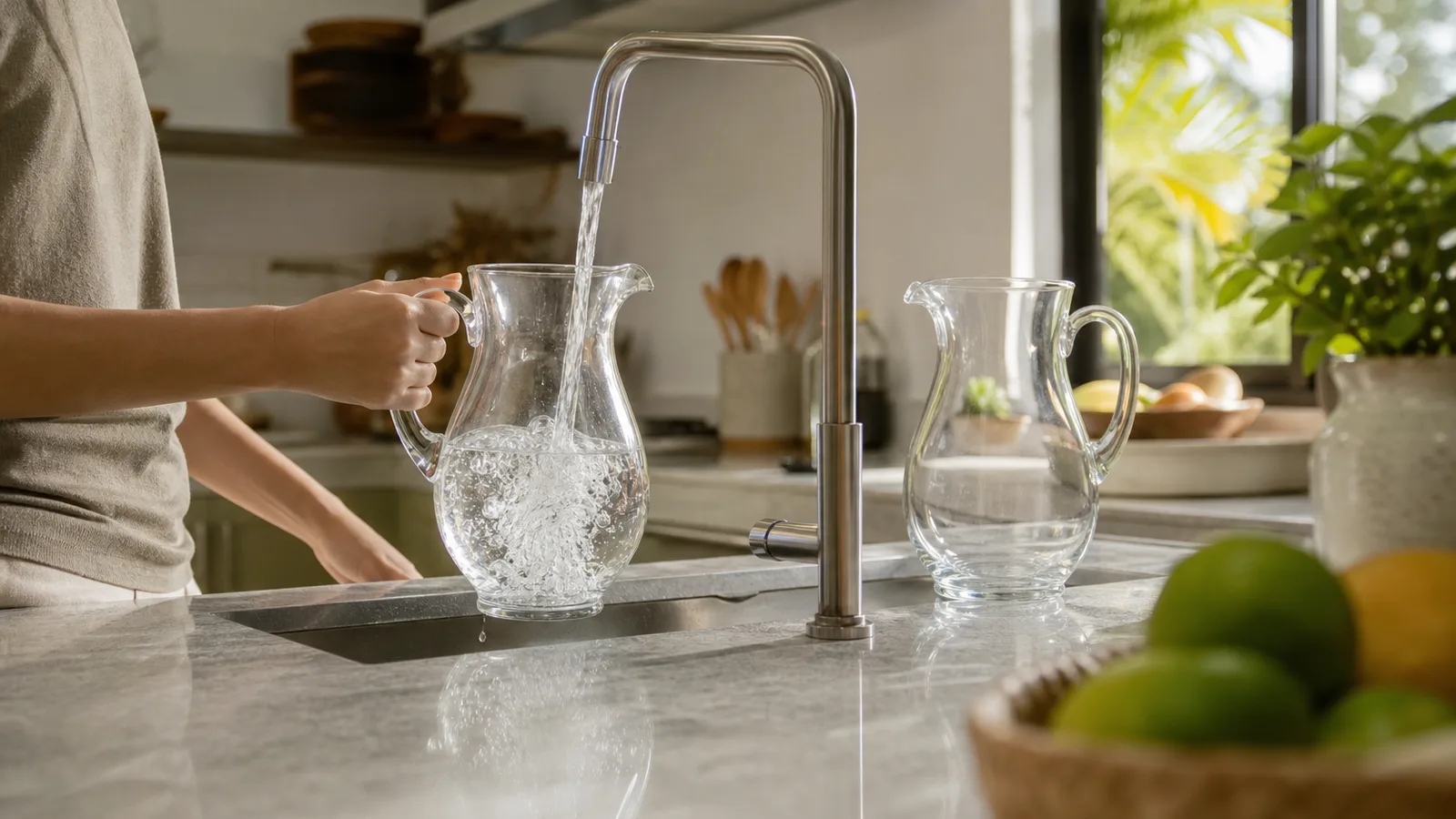 A glass pitcher being filled at a kitchen tap with a second pitcher waiting beside it