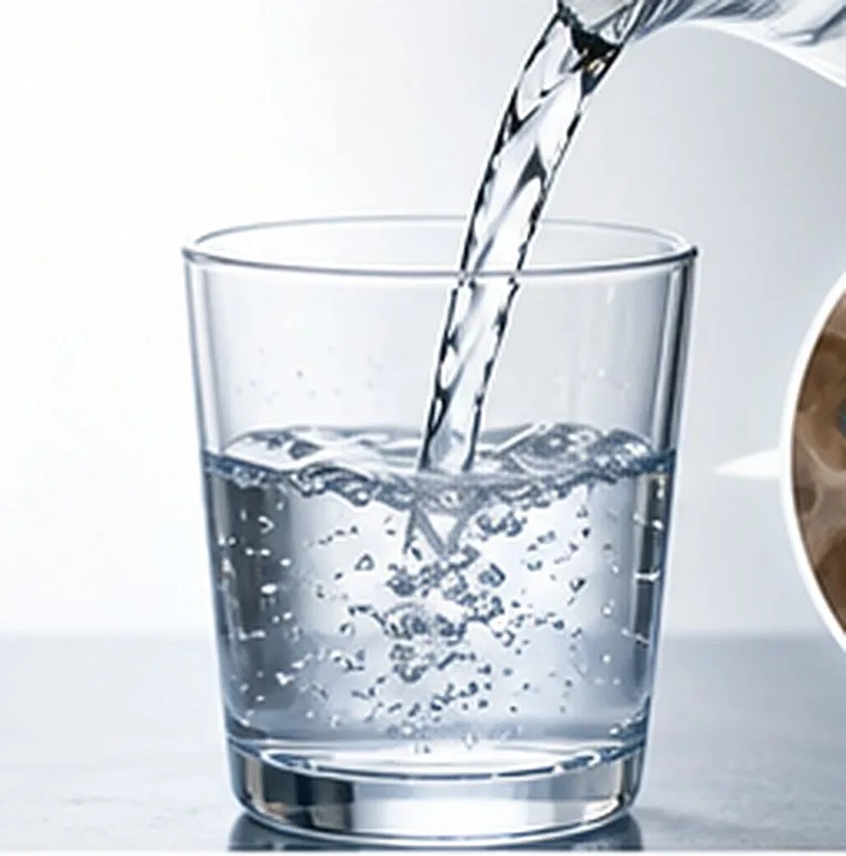 A clear glass being filled with water at a kitchen counter