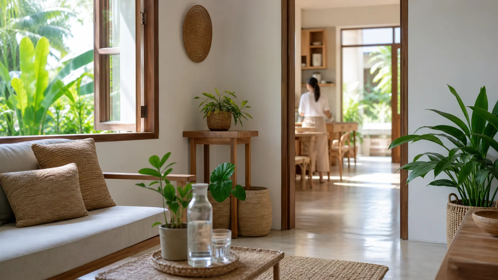 A bright tidy living area with an open window and a doorway leading to another sunlit room