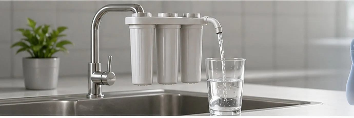 Water running from a kitchen tap into a glass beside a window