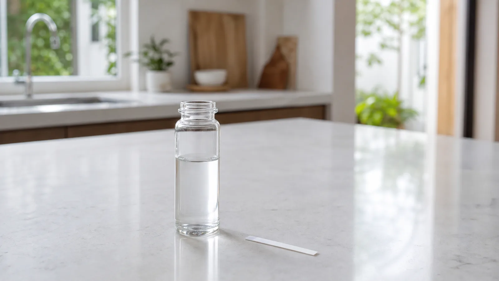 A small clear glass vial of water and a plain white test strip on a white kitchen counter