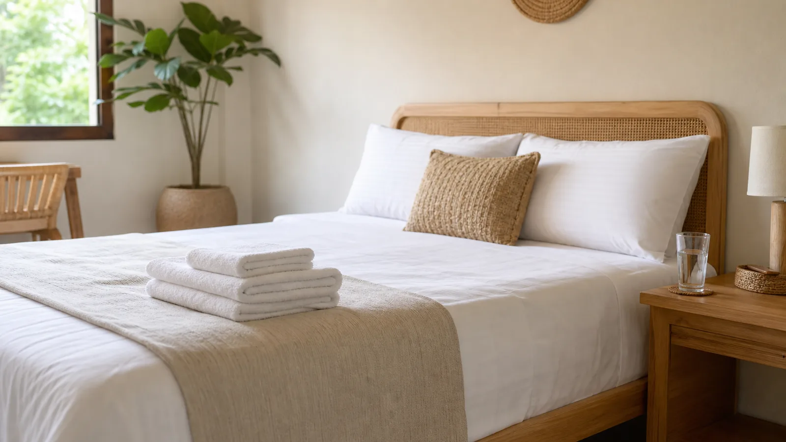 A neatly made guest bed with folded towels at the foot and a glass of water on the bedside table