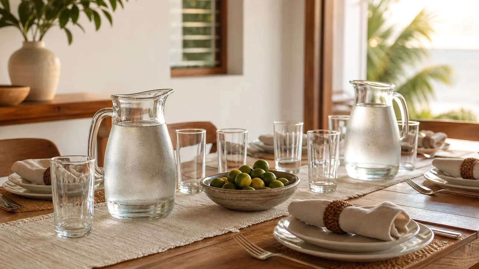 A dining table set for guests with glass pitchers of water and rows of clear glasses