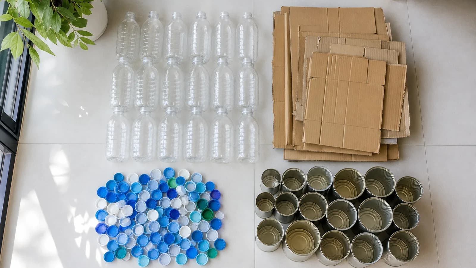 A week of household recycling sorted into groups on a tiled floor — bottles, caps, cardboard and cans