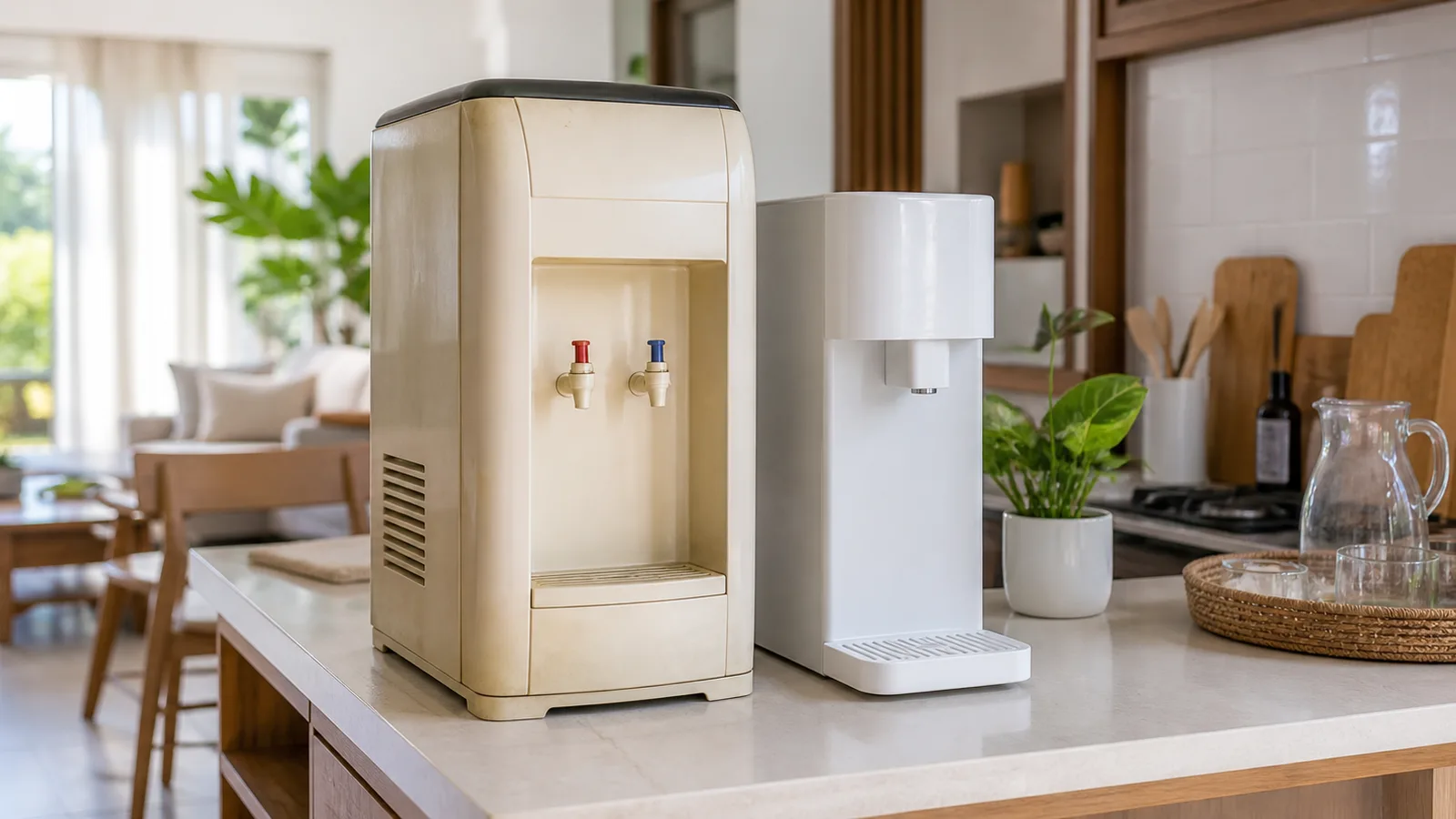 A bulky older beige kitchen appliance beside a slim modern white one on a counter, both unbranded