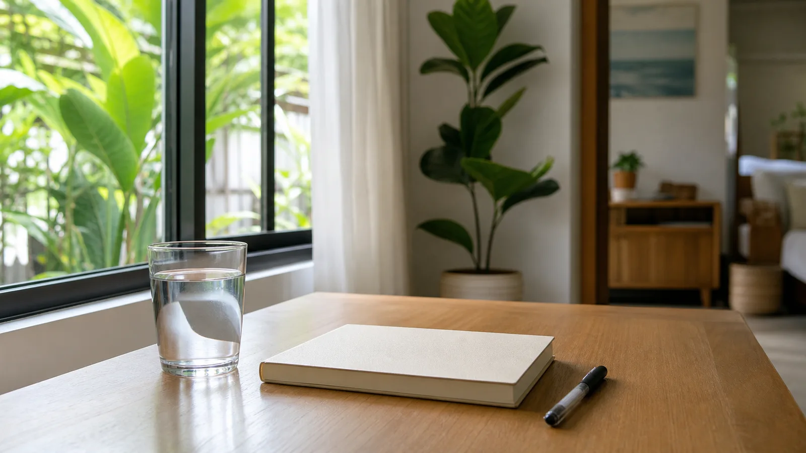 A tidy home desk by a window with a closed notebook, a pen and a plain glass of water