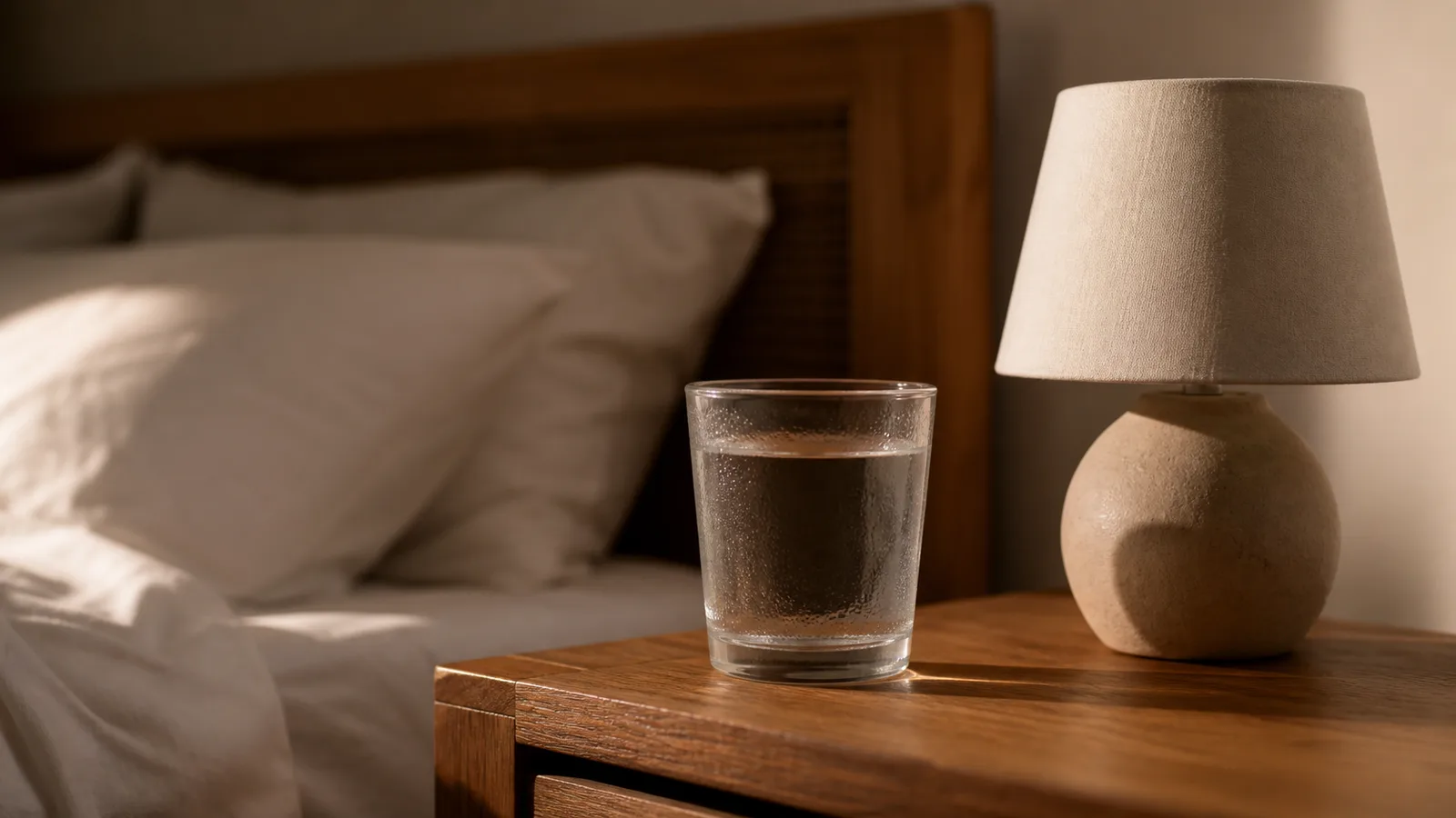 A plain glass of water on a wooden bedside table beside a switched-off lamp in dim evening light