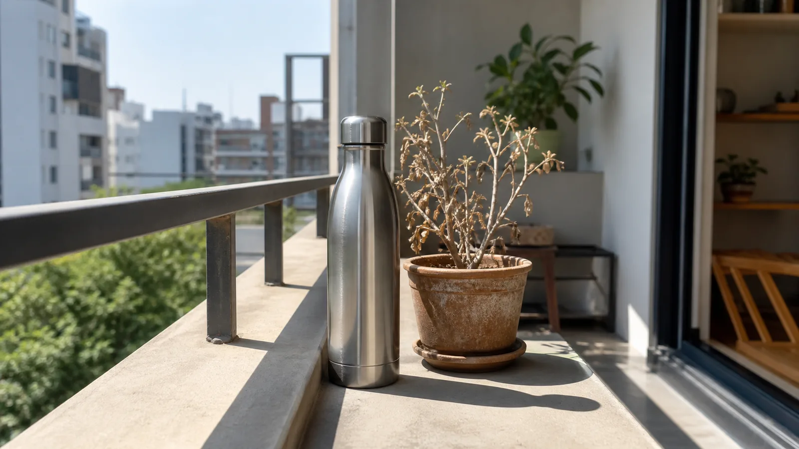 A sunlit balcony at midday with a stainless water bottle on the ledge beside a dry potted plant