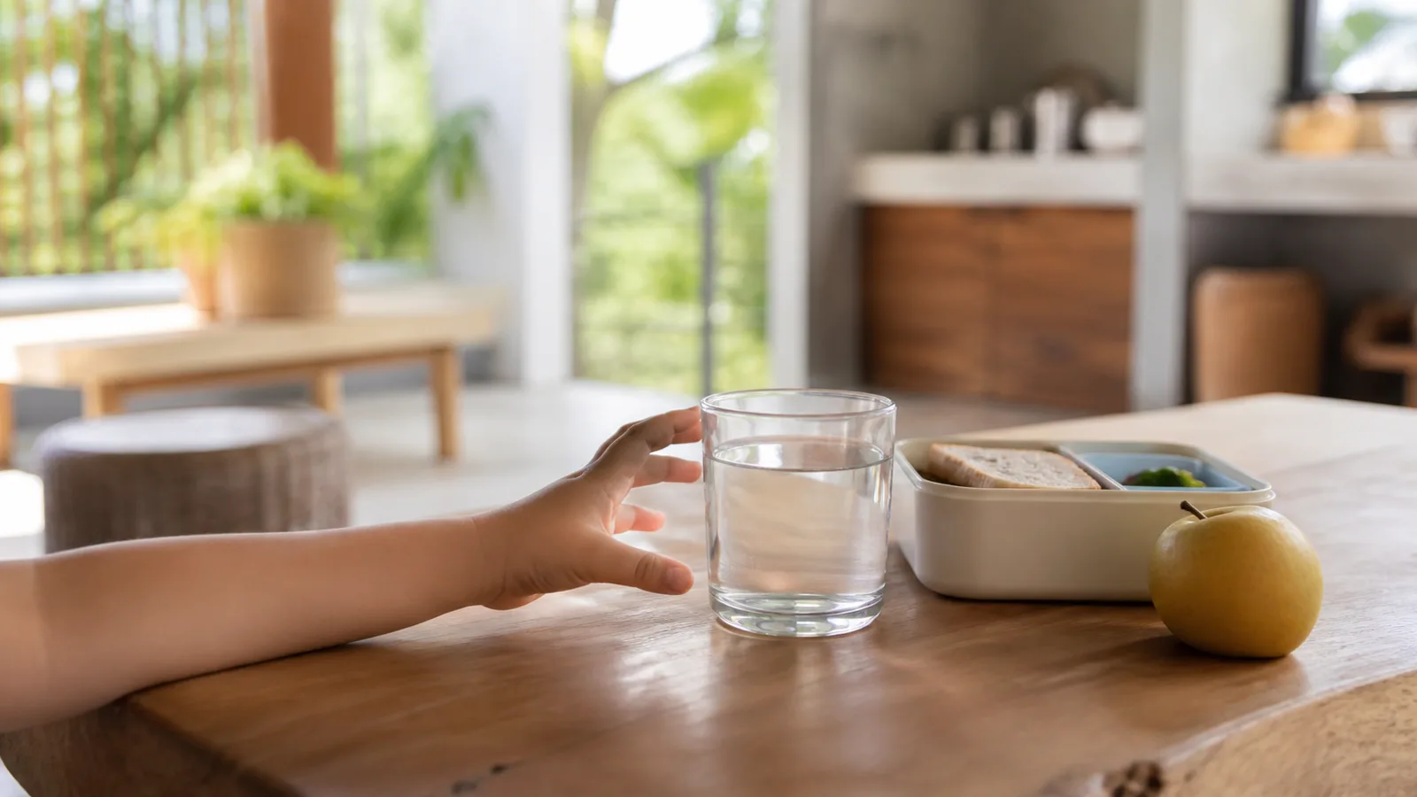 A child's hand reaching for a short glass of water on a low table beside a lunchbox and fruit