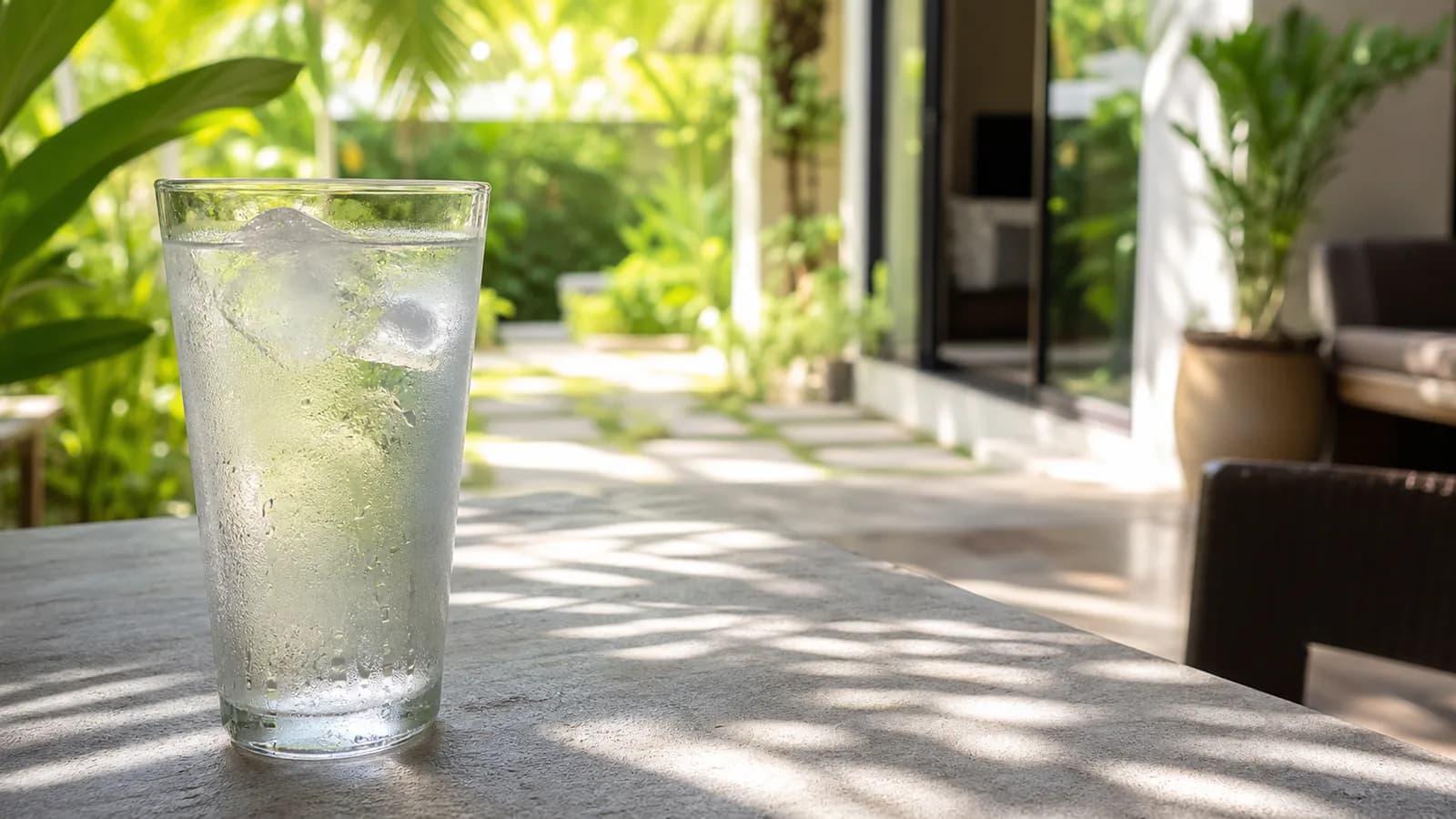 A glass of iced water beading with condensation on an outdoor table under palm shadows