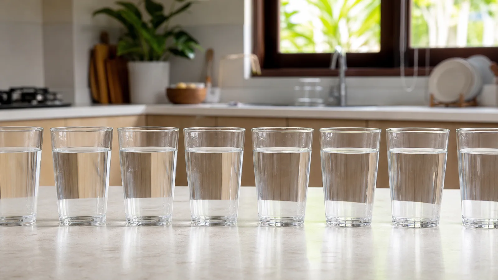 Eight identical plain drinking glasses of water arranged in a neat row on a pale kitchen counter