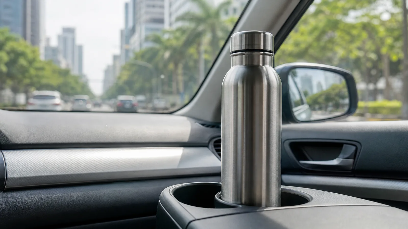A stainless water bottle in a car cup holder with a blurred city road through the windscreen