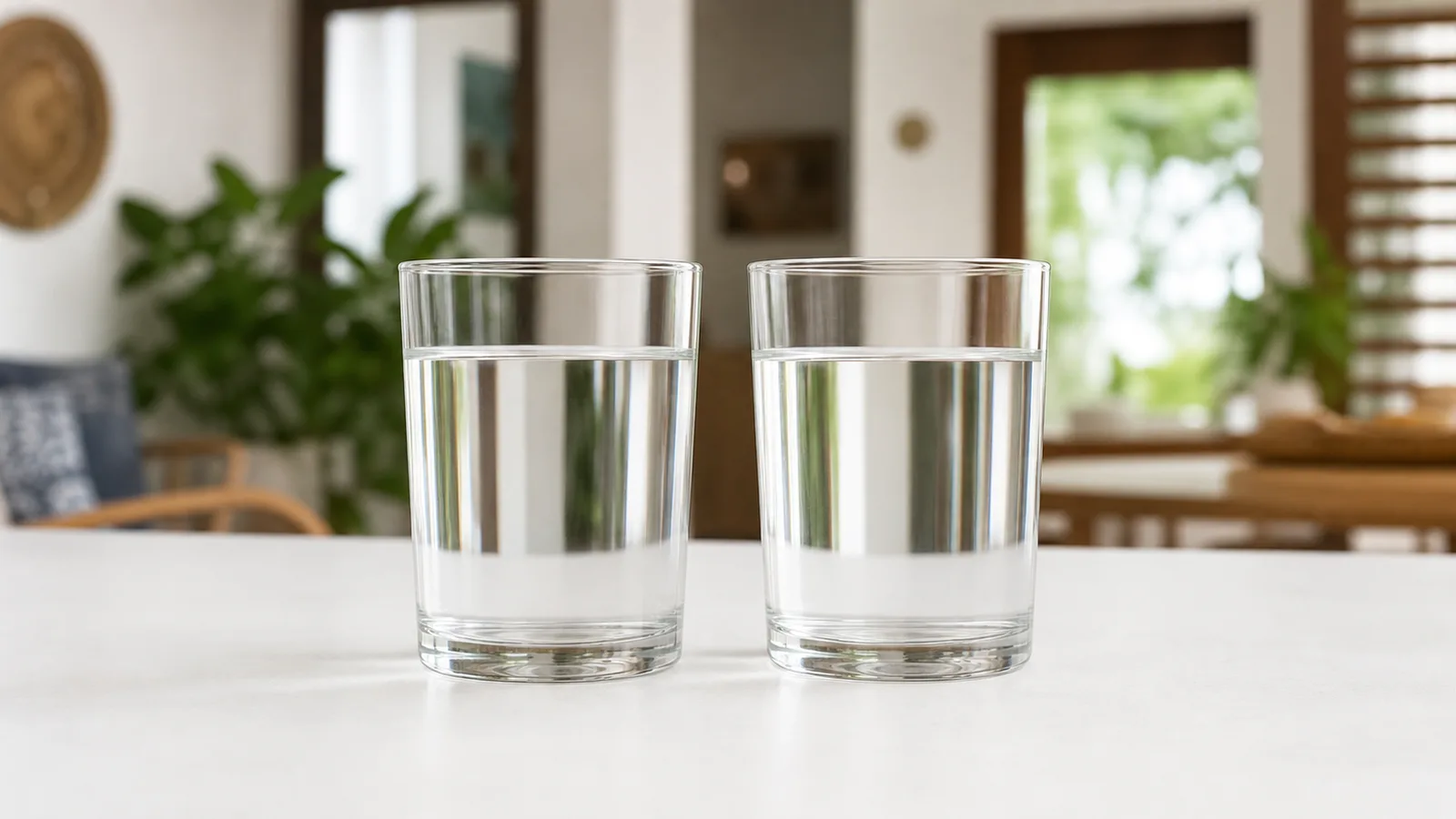 Two identical clear glasses of water side by side on a plain white surface under flat even light