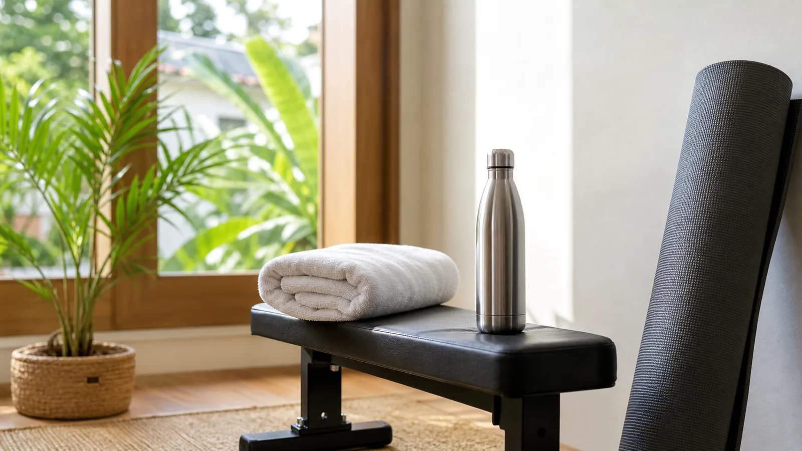 A folded towel and stainless water bottle on a bench beside a rolled yoga mat in a home gym corner