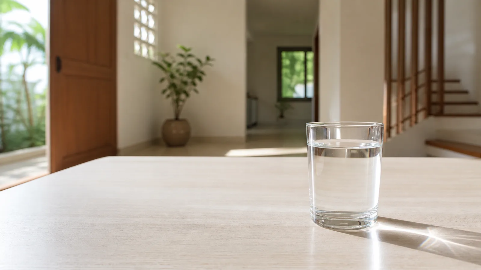A single clear glass of water standing alone on a wide empty pale table in strong side light