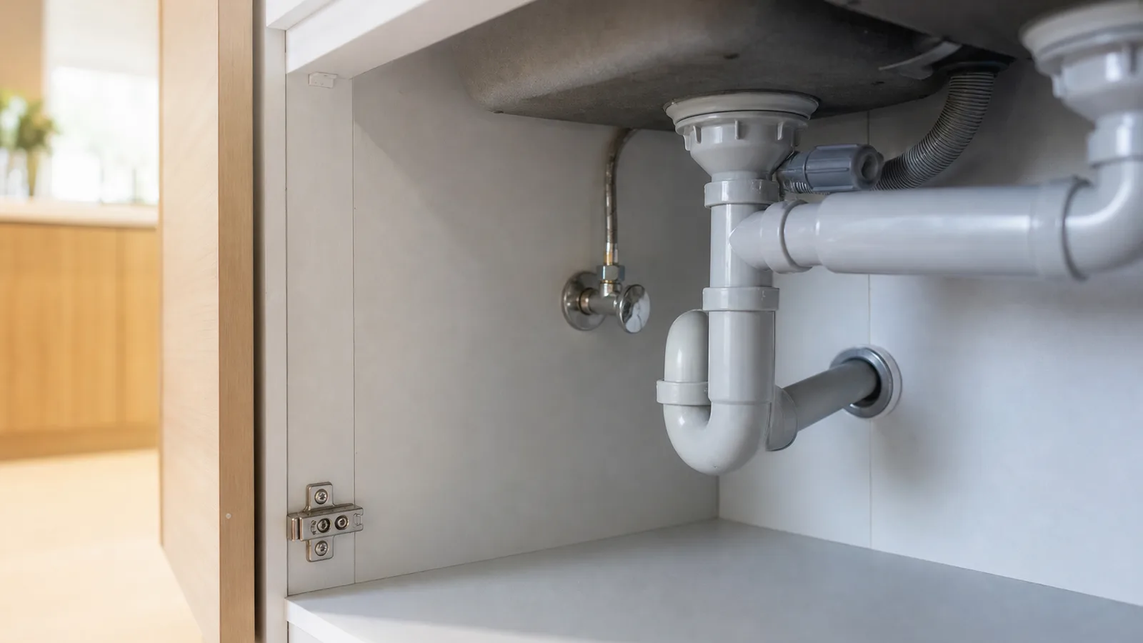 A clean well-lit view under a kitchen sink showing pipes, a shut-off valve and a drain connection