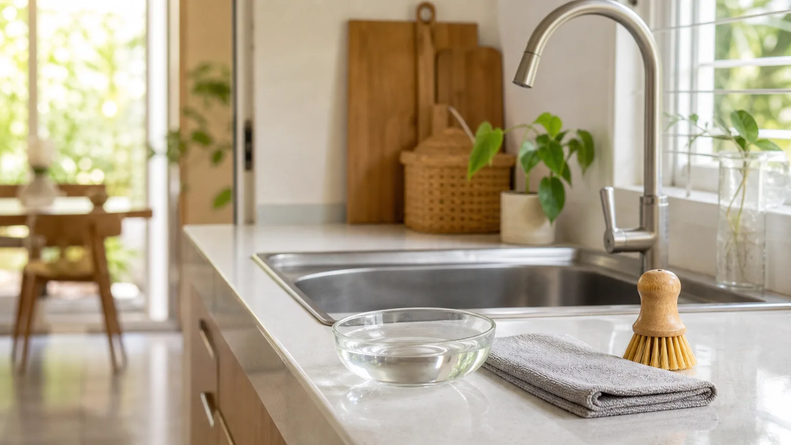 A cleaning brush, folded cloth and shallow bowl of water on a counter beside a kitchen tap